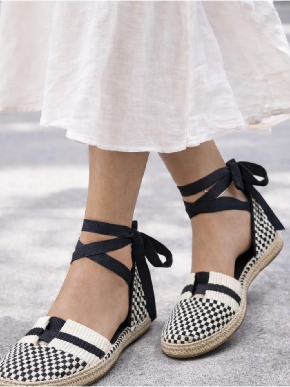 Black & White Checkered Lace-Up Espadrille Flats